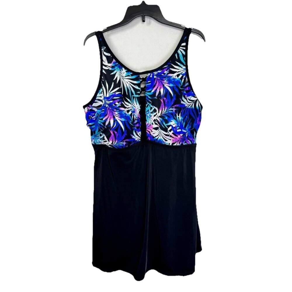 Swimsuits For All Black Swim Dress with Blue & Purple Tropical Print